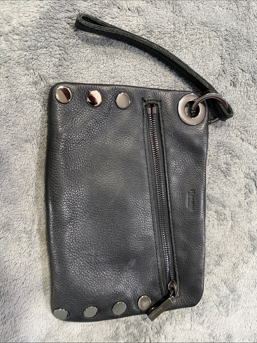 Hammitt Black Leather Wristlet with Silver Studs & Grommet